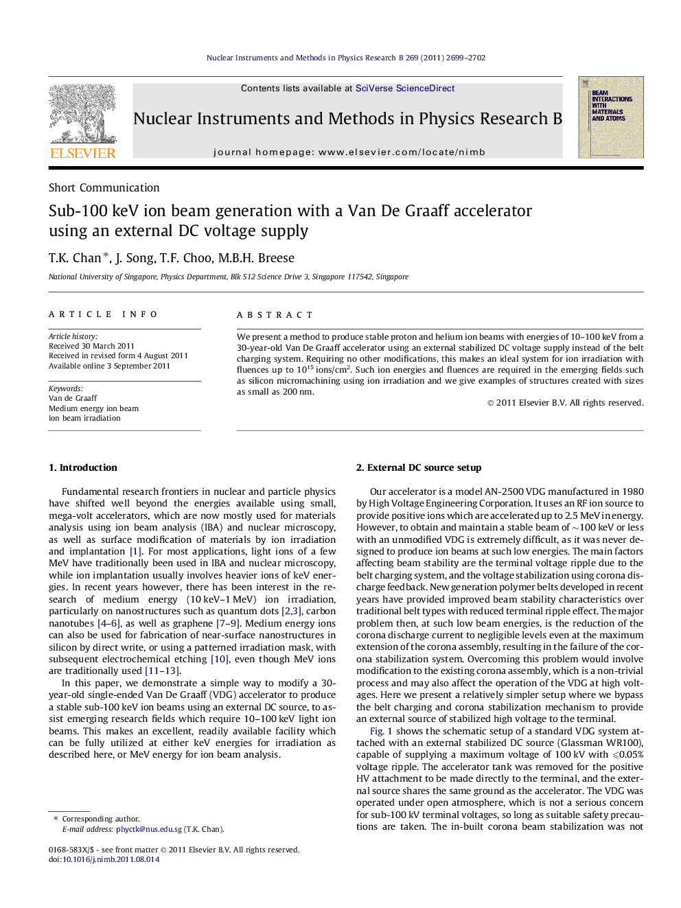 Sub-100Â keV ion beam generation with a Van De Graaff accelerator using an external DC voltage supply