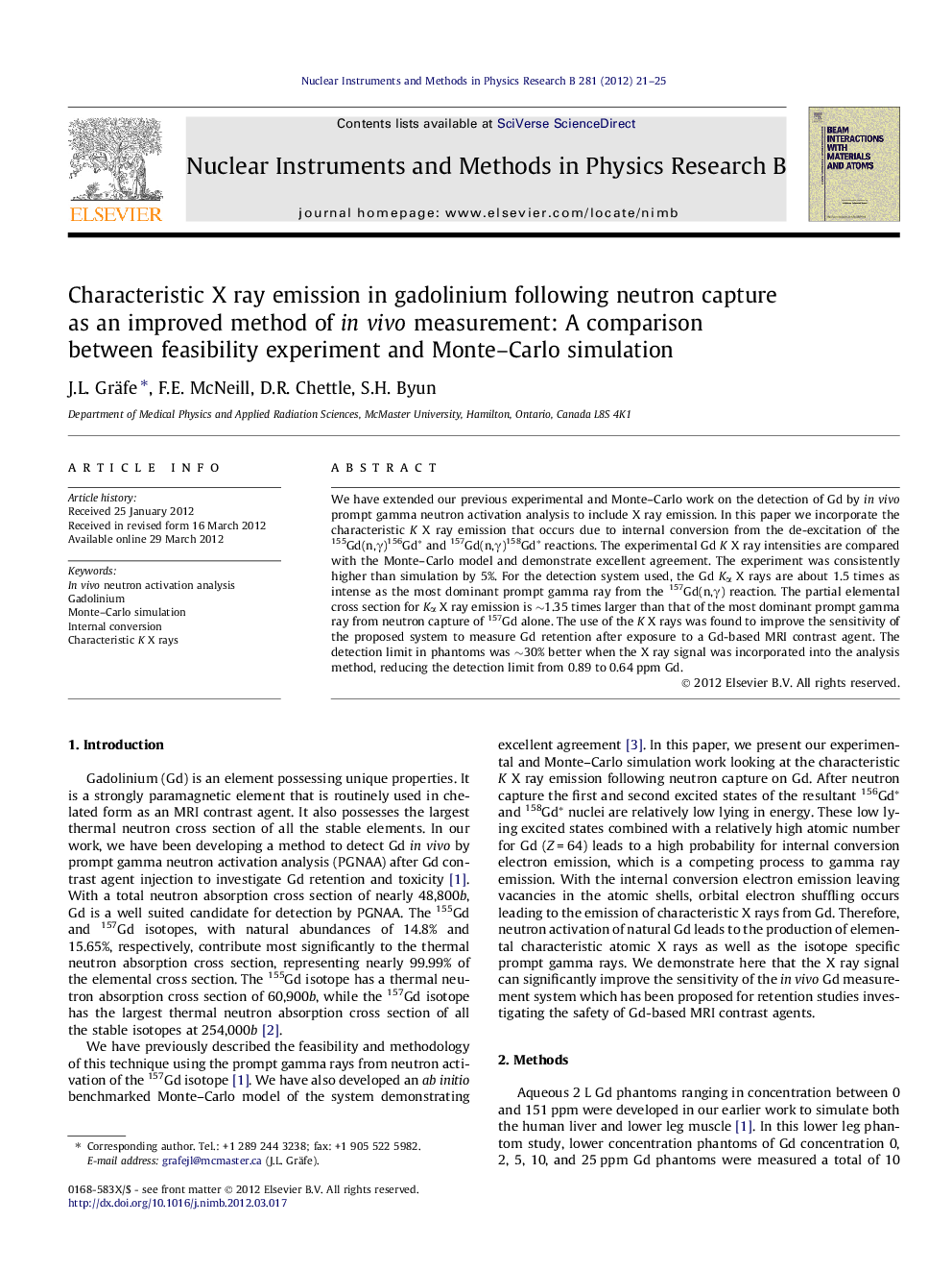 Characteristic X ray emission in gadolinium following neutron capture as an improved method of in vivo measurement: A comparison between feasibility experiment and Monte–Carlo simulation