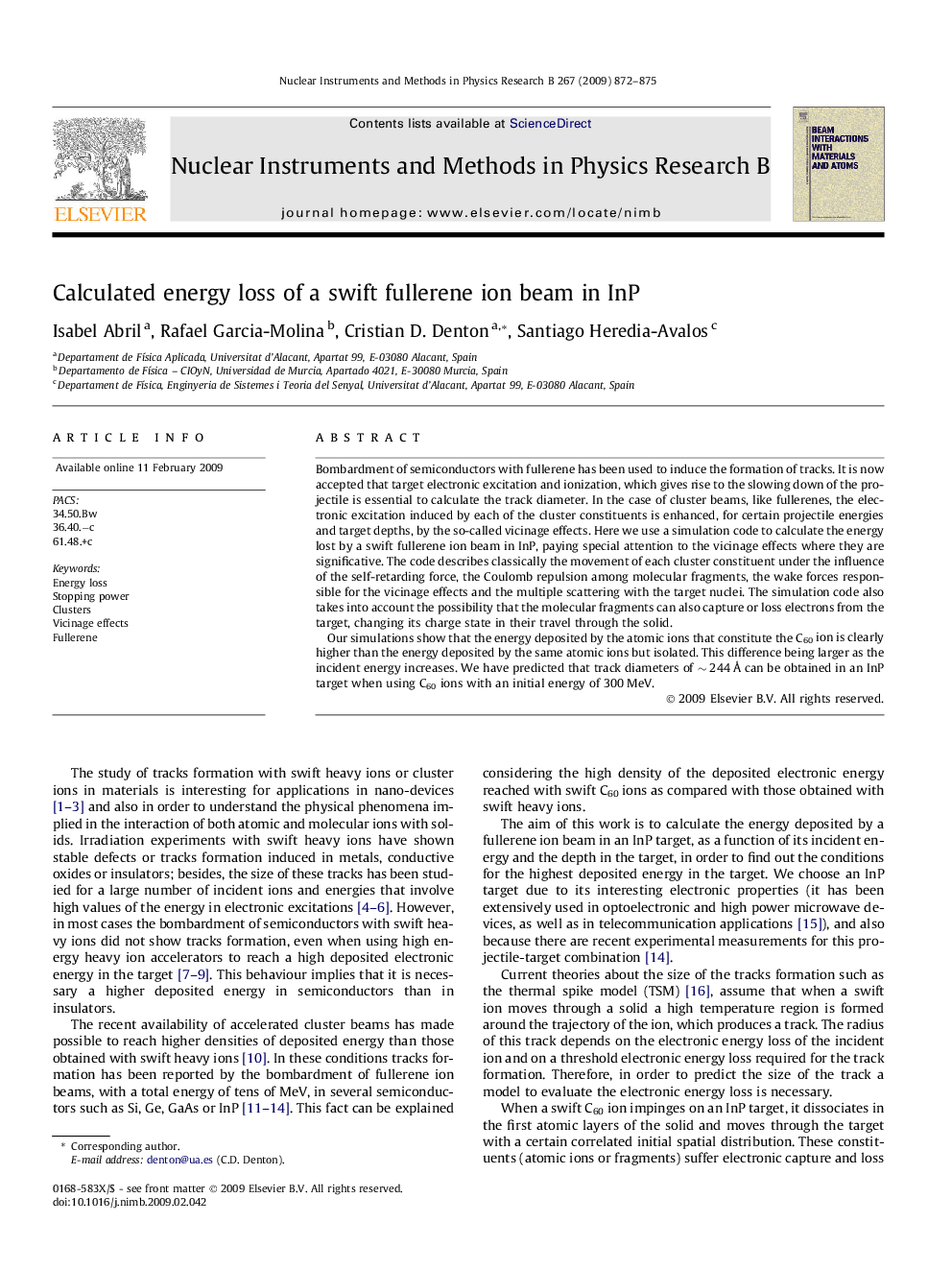 Calculated energy loss of a swift fullerene ion beam in InP