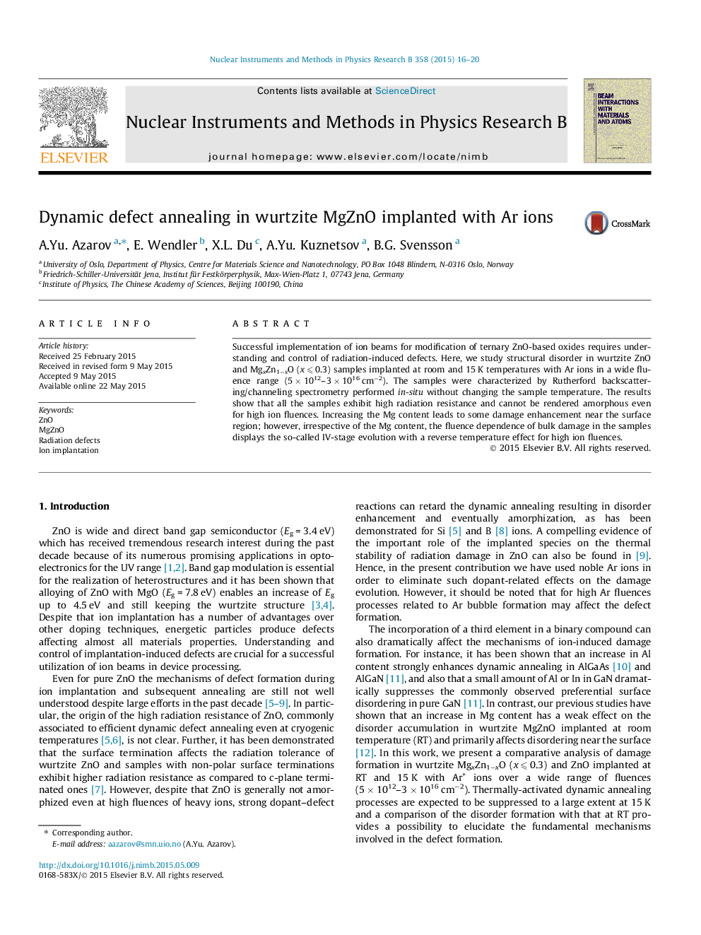 عکس صفحه اول مقاله: Dynamic defect annealing in wurtzite MgZnO implanted with Ar ions Dynamic defect annealing in wurtzite MgZnO implanted with Ar ions
