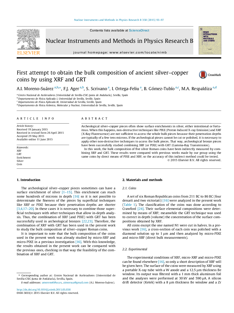 First attempt to obtain the bulk composition of ancient silver–copper coins by using XRF and GRT