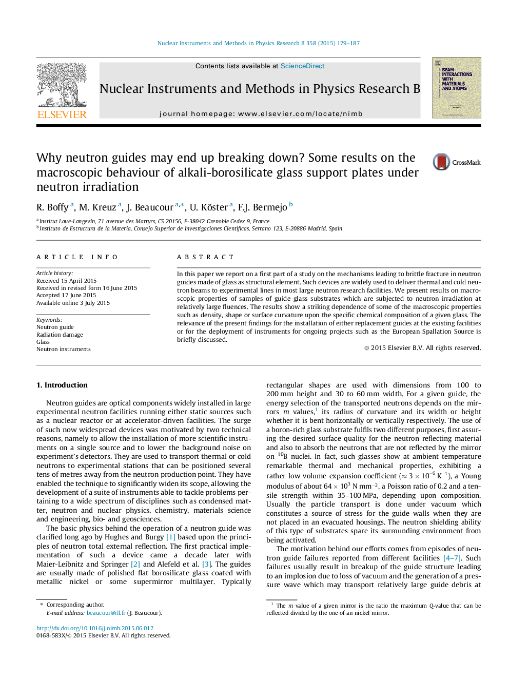 Why neutron guides may end up breaking down? Some results on the macroscopic behaviour of alkali-borosilicate glass support plates under neutron irradiation