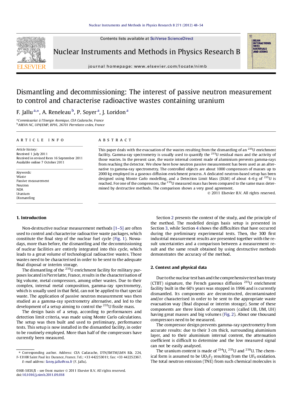 Dismantling and decommissioning: The interest of passive neutron measurement to control and characterise radioactive wastes containing uranium