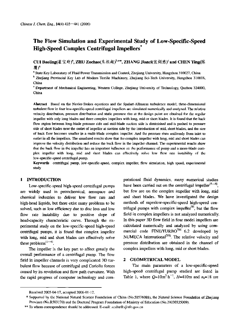 The Flow Simulation and Experimental Study of Low-Specific-Speed High-Speed Complex Centrifugal Impellers1 