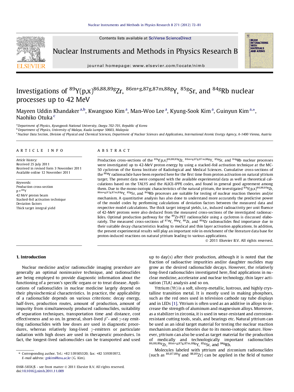 Investigations of 89Y(p,x)86,88,89gZr, 86m+g,87g,87m,88gY, 85gSr, and 84gRb nuclear processes up to 42 MeV