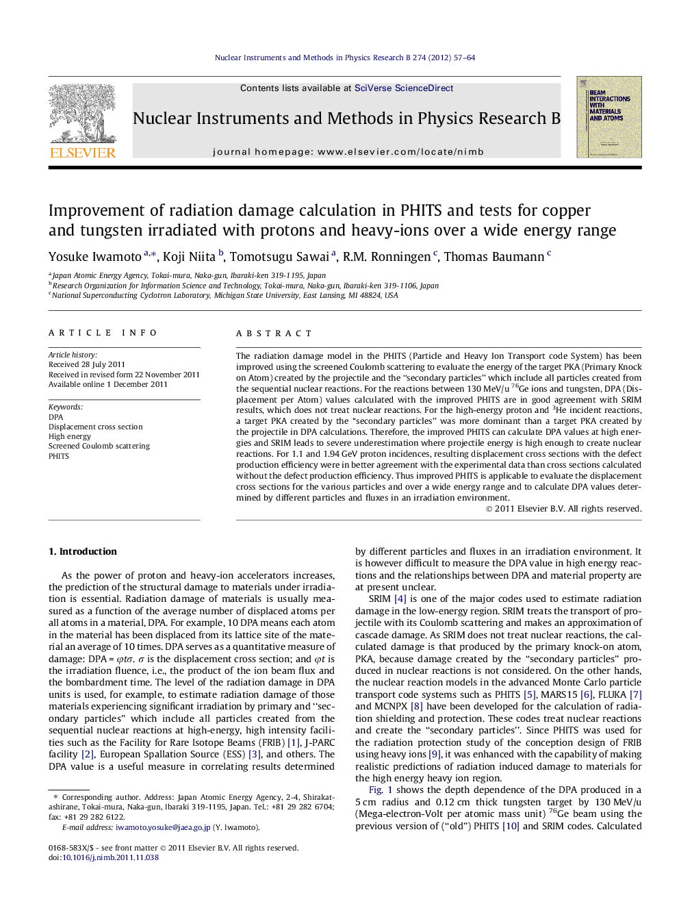 عکس صفحه اول مقاله: Improvement of radiation damage calculation in PHITS and tests for copper and tungsten irradiated with protons and heavy-ions over a wide energy range Improvement of radiation damage calculation in PHITS and tests for copper and tungsten irradiated with protons and heavy-ions over a wide energy range