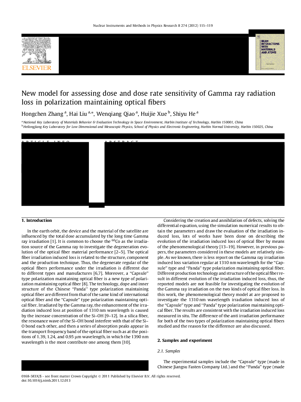 عکس صفحه اول مقاله: New model for assessing dose and dose rate sensitivity of Gamma ray radiation loss in polarization maintaining optical fibers New model for assessing dose and dose rate sensitivity of Gamma ray radiation loss in polarization maintaining optical fibers