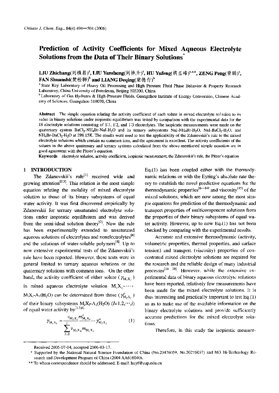 Prediction of Activity Coefficients for Mixed Aqueous Electrolyte Solutions from the Data of Their Binary Solutions1 
