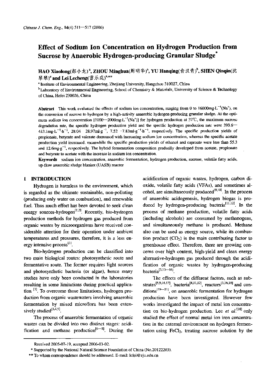 Effect of Sodium Ion Concentration on Hydrogen Production from Sucrose by Anaerobic Hydrogen-producing Granular Sludge1 