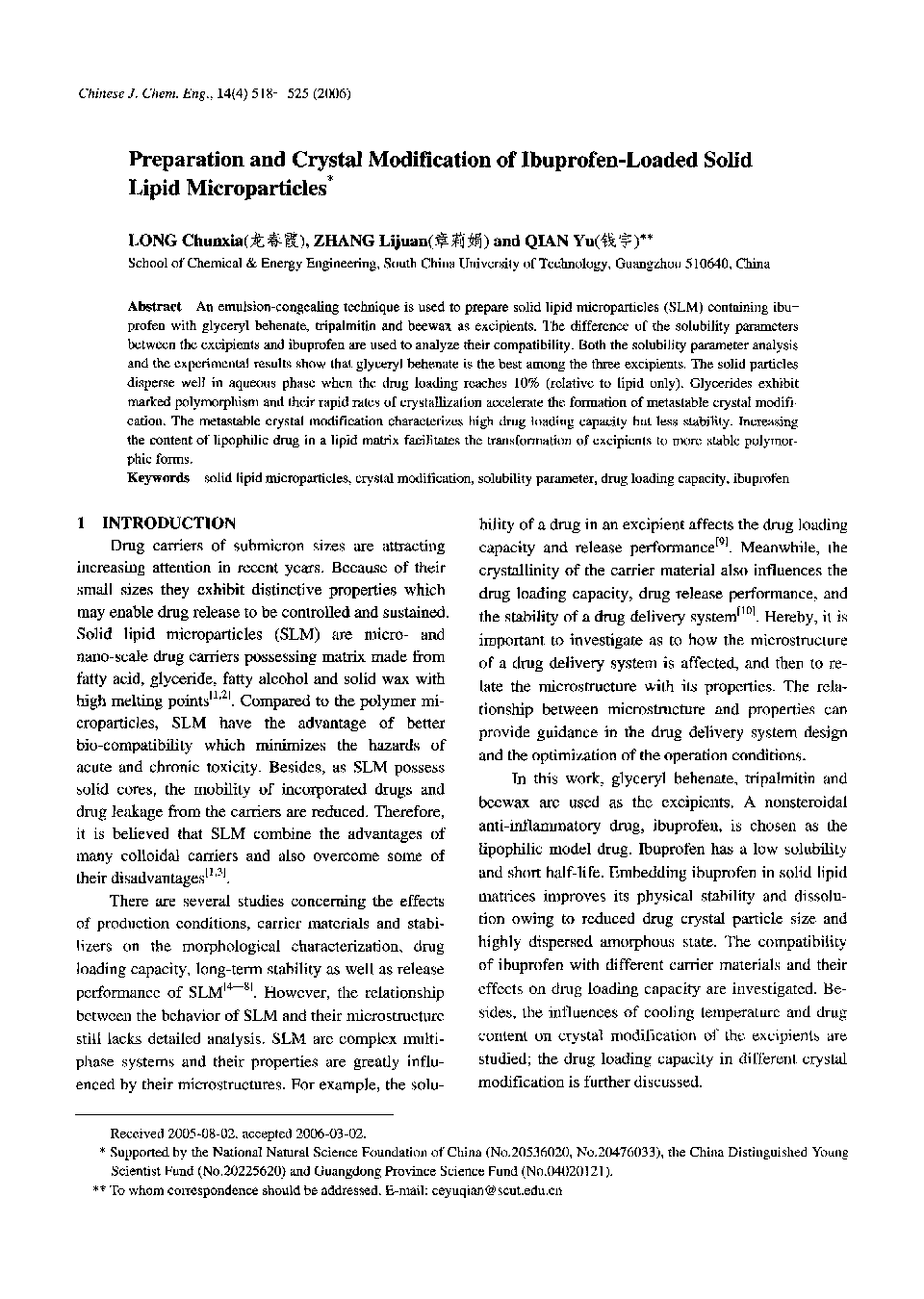 Preparation and Crystal Modification of Ibuprofen-Loaded Solid Lipid Microparticles1 