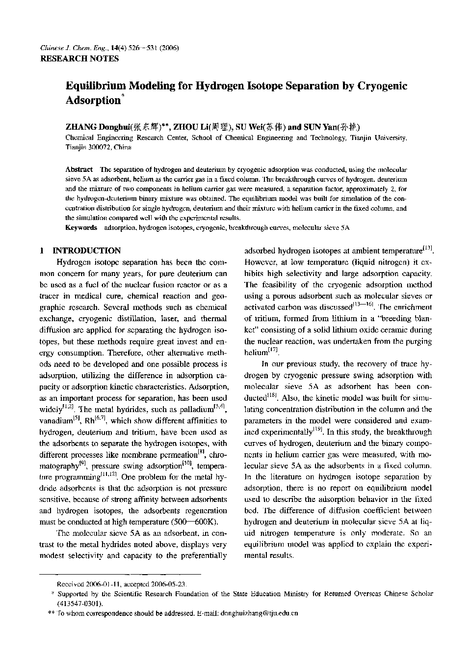 Equilibrium Modeling for Hydrogen Isotope Separation by Cryogenic Adsorption1 