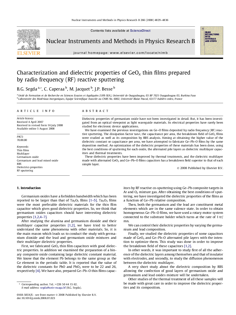 Characterization and dielectric properties of GeOx thin films prepared by radio frequency (RF) reactive sputtering