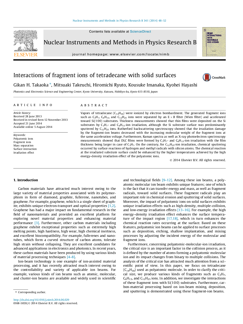 Interactions of fragment ions of tetradecane with solid surfaces