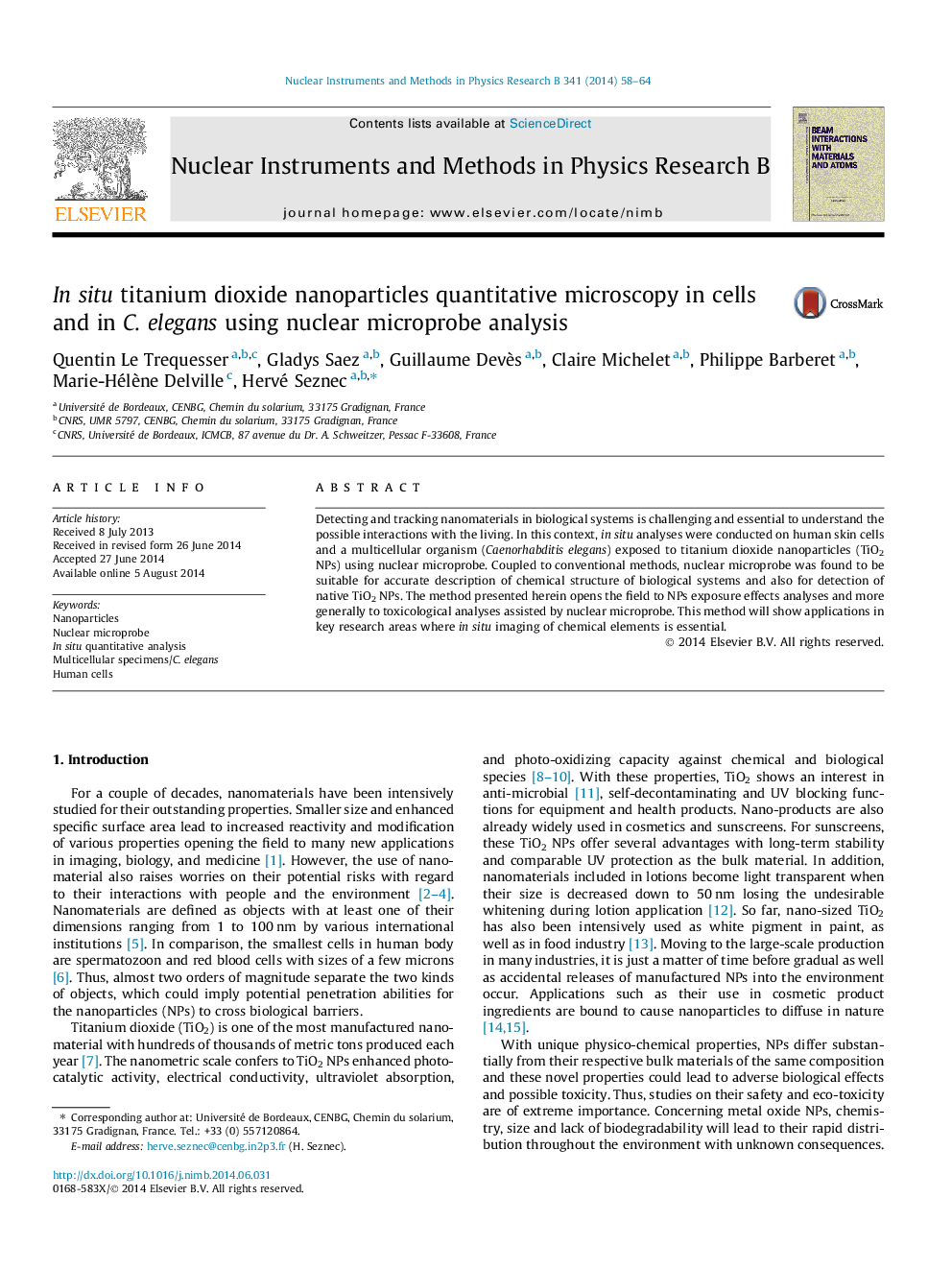 عکس صفحه اول مقاله: In situ titanium dioxide nanoparticles quantitative microscopy in cells and in C. elegans using nuclear microprobe analysis In situ titanium dioxide nanoparticles quantitative microscopy in cells and in C. elegans using nuclear microprobe analysis