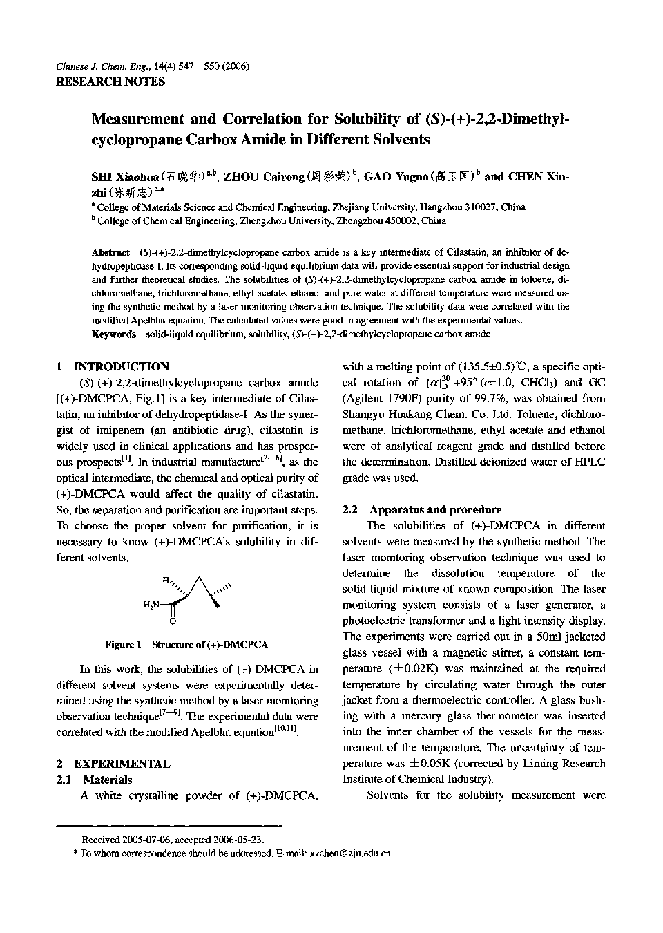 Measurement and Correlation for Solubility of (S)-(+)-2,2-Dimethyl-cyclopropane Carbox Amide in Different Solvents