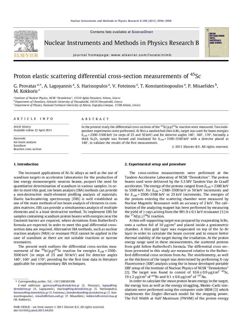 Proton elastic scattering differential cross-section measurements of 45Sc