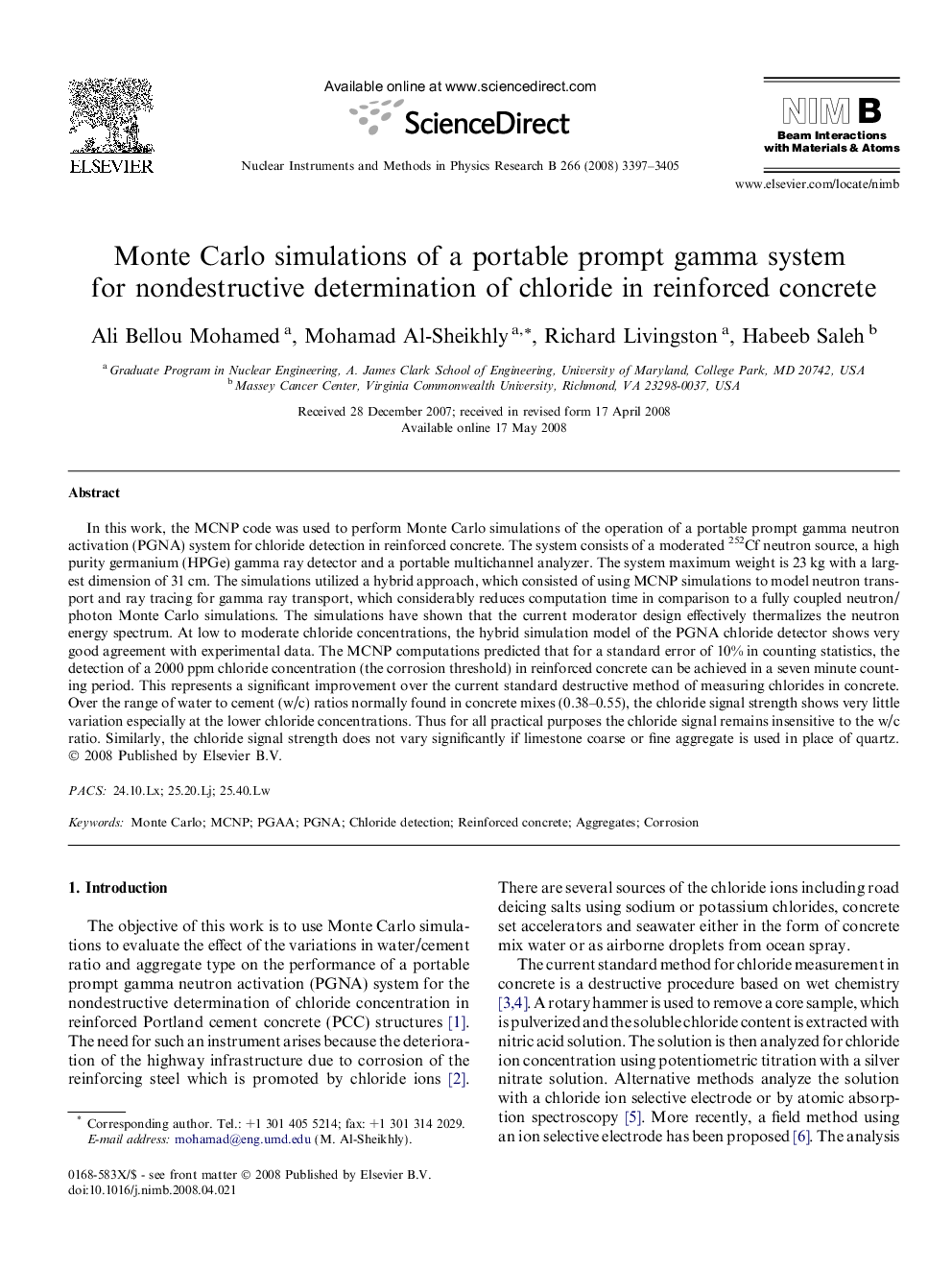 Monte Carlo simulations of a portable prompt gamma system for nondestructive determination of chloride in reinforced concrete