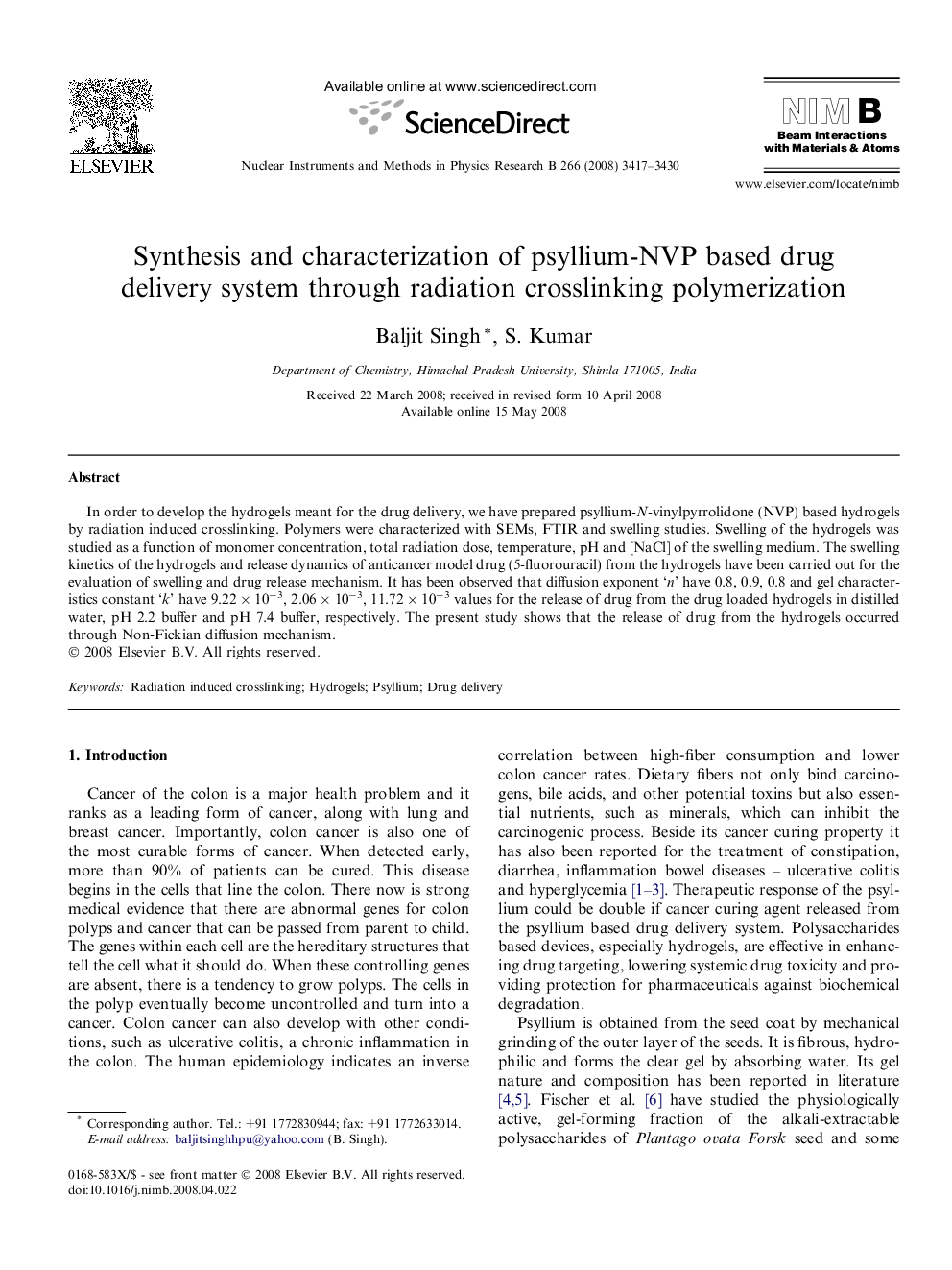 Synthesis and characterization of psyllium-NVP based drug delivery system through radiation crosslinking polymerization