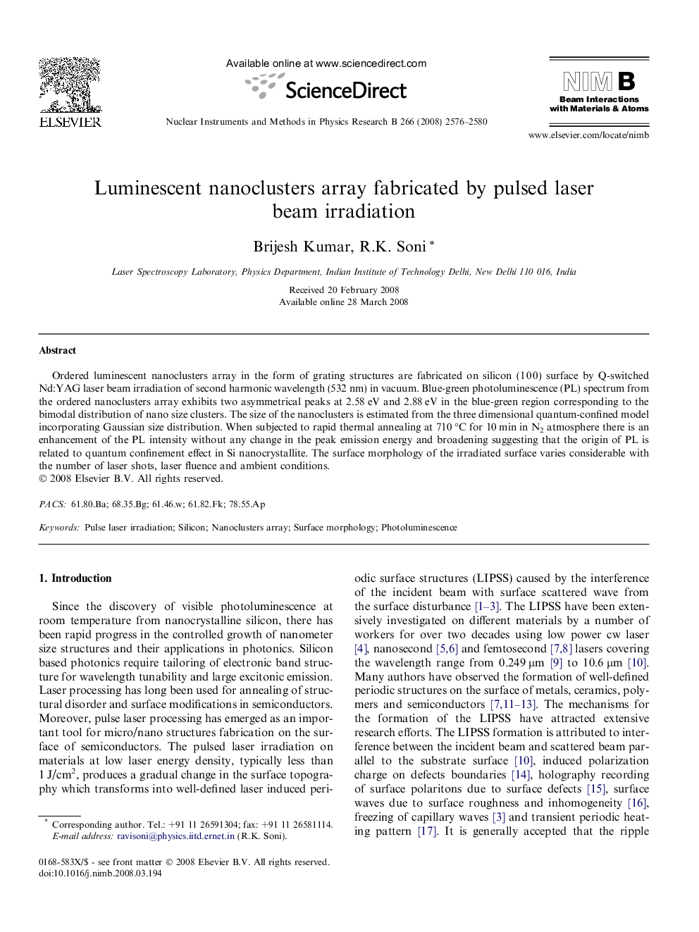 Luminescent nanoclusters array fabricated by pulsed laser beam irradiation