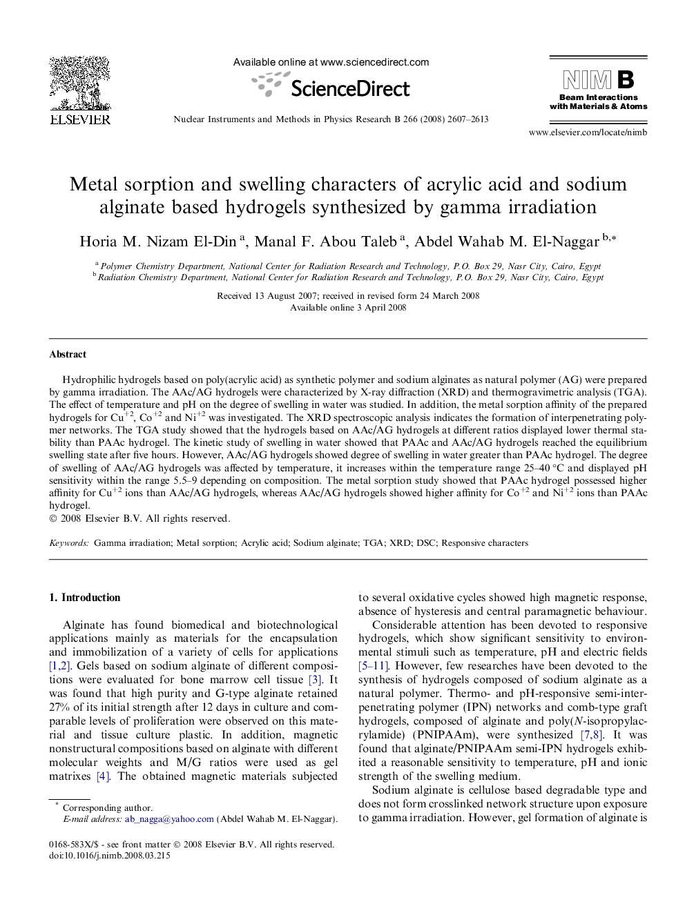 Metal sorption and swelling characters of acrylic acid and sodium alginate based hydrogels synthesized by gamma irradiation