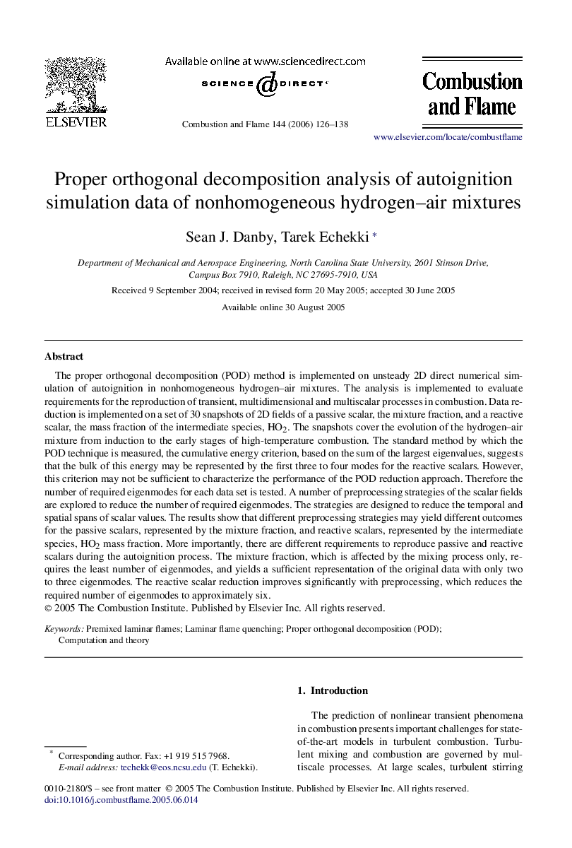 Proper orthogonal decomposition analysis of autoignition simulation data of nonhomogeneous hydrogen–air mixtures