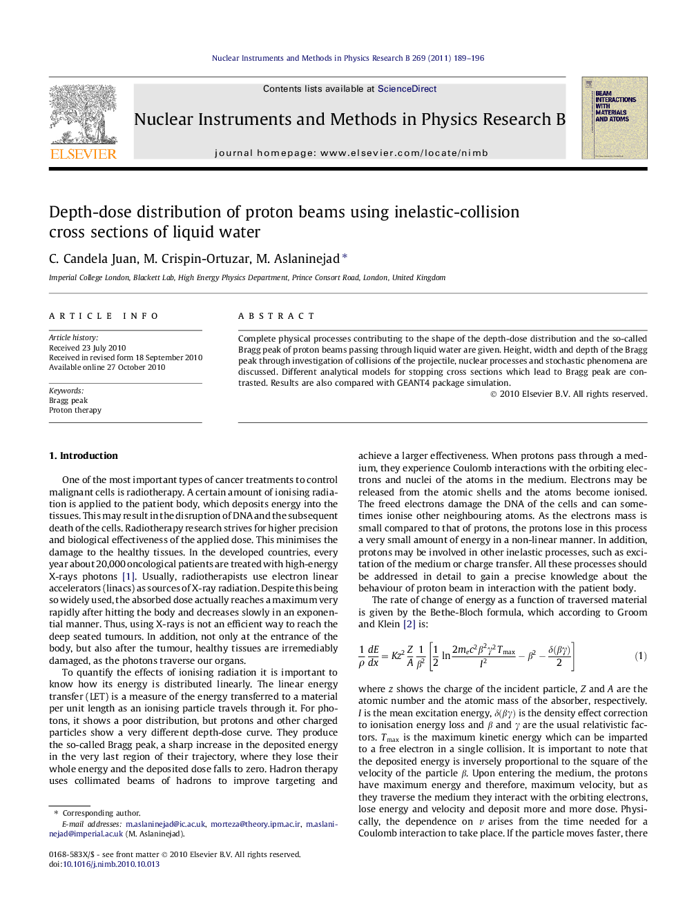 Depth-dose distribution of proton beams using inelastic-collision cross sections of liquid water