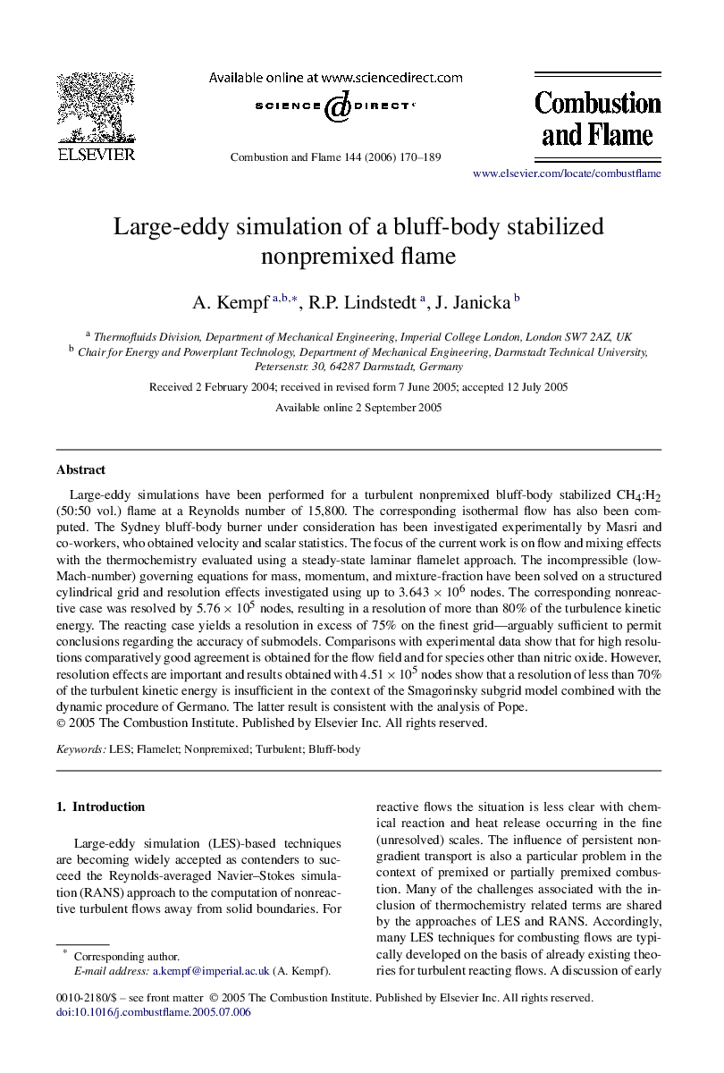 Large-eddy simulation of a bluff-body stabilized nonpremixed flame