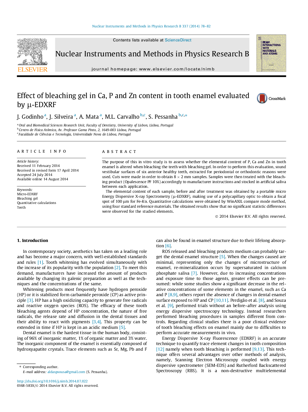 Effect of bleaching gel in Ca, P and Zn content in tooth enamel evaluated by μ-EDXRF