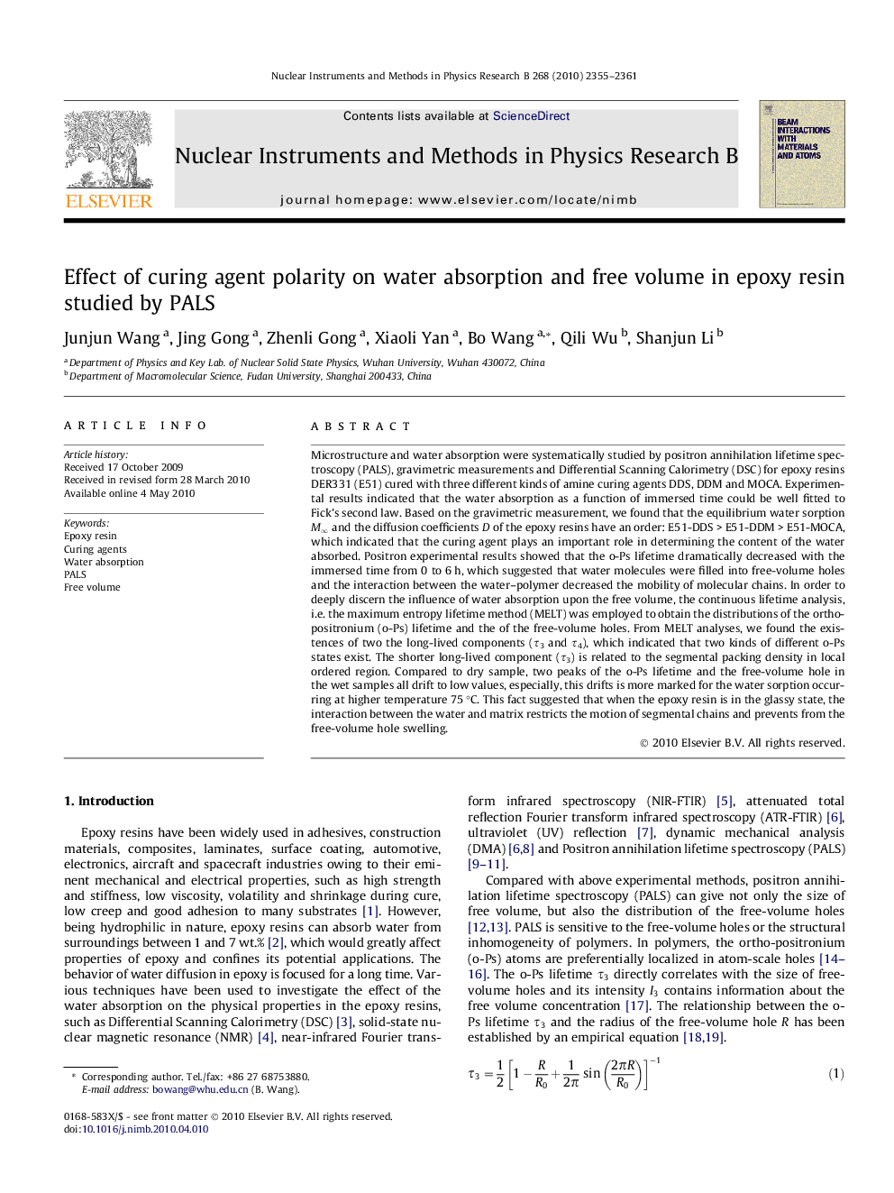 Effect of curing agent polarity on water absorption and free volume in epoxy resin studied by PALS