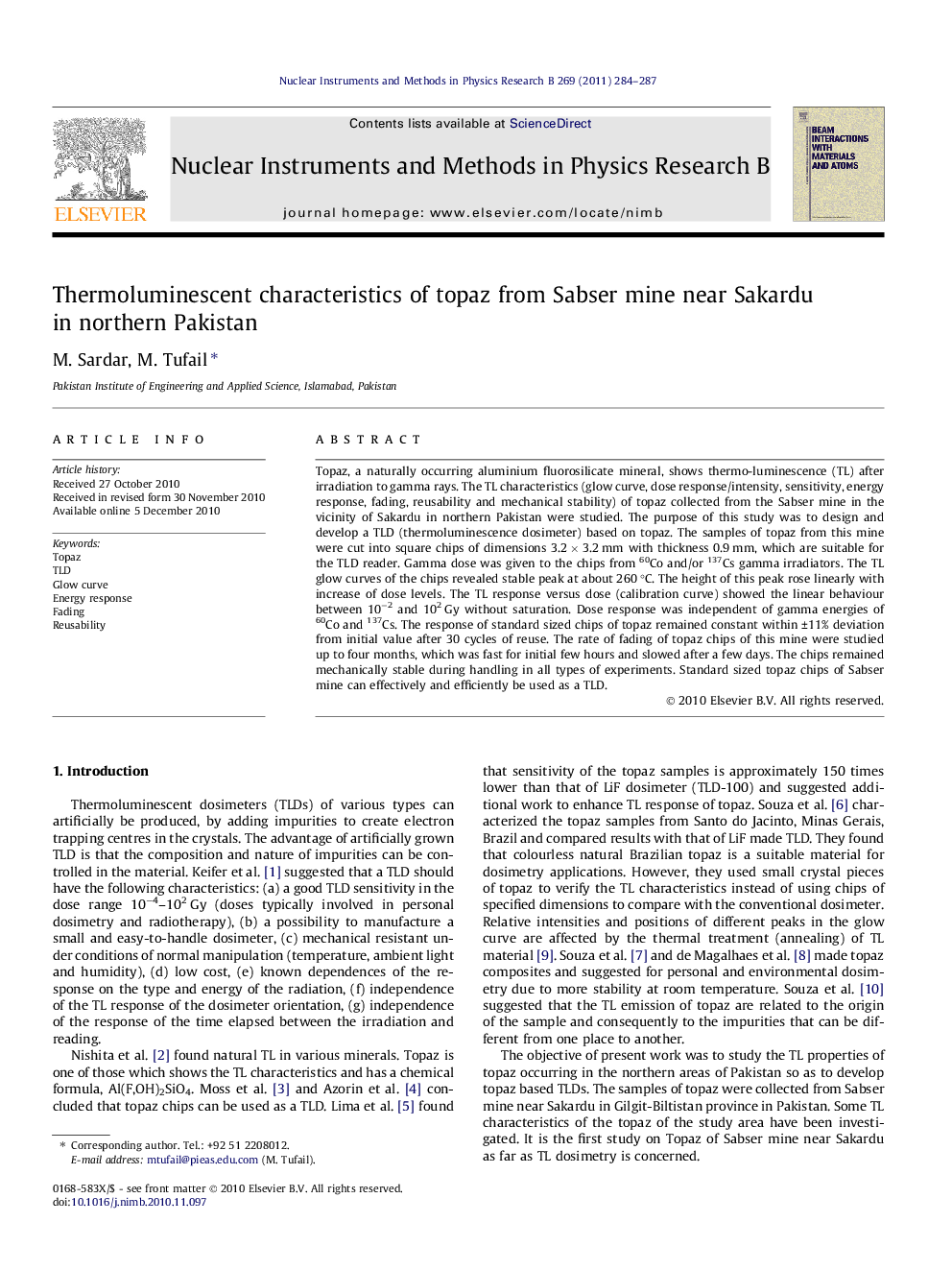 Thermoluminescent characteristics of topaz from Sabser mine near Sakardu in northern Pakistan