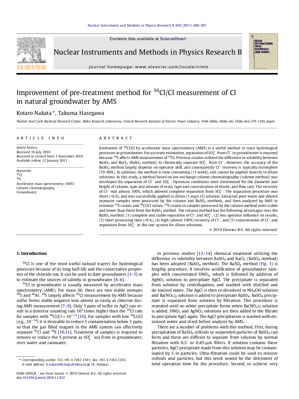 Improvement of pre-treatment method for 36Cl/Cl measurement of Cl in natural groundwater by AMS