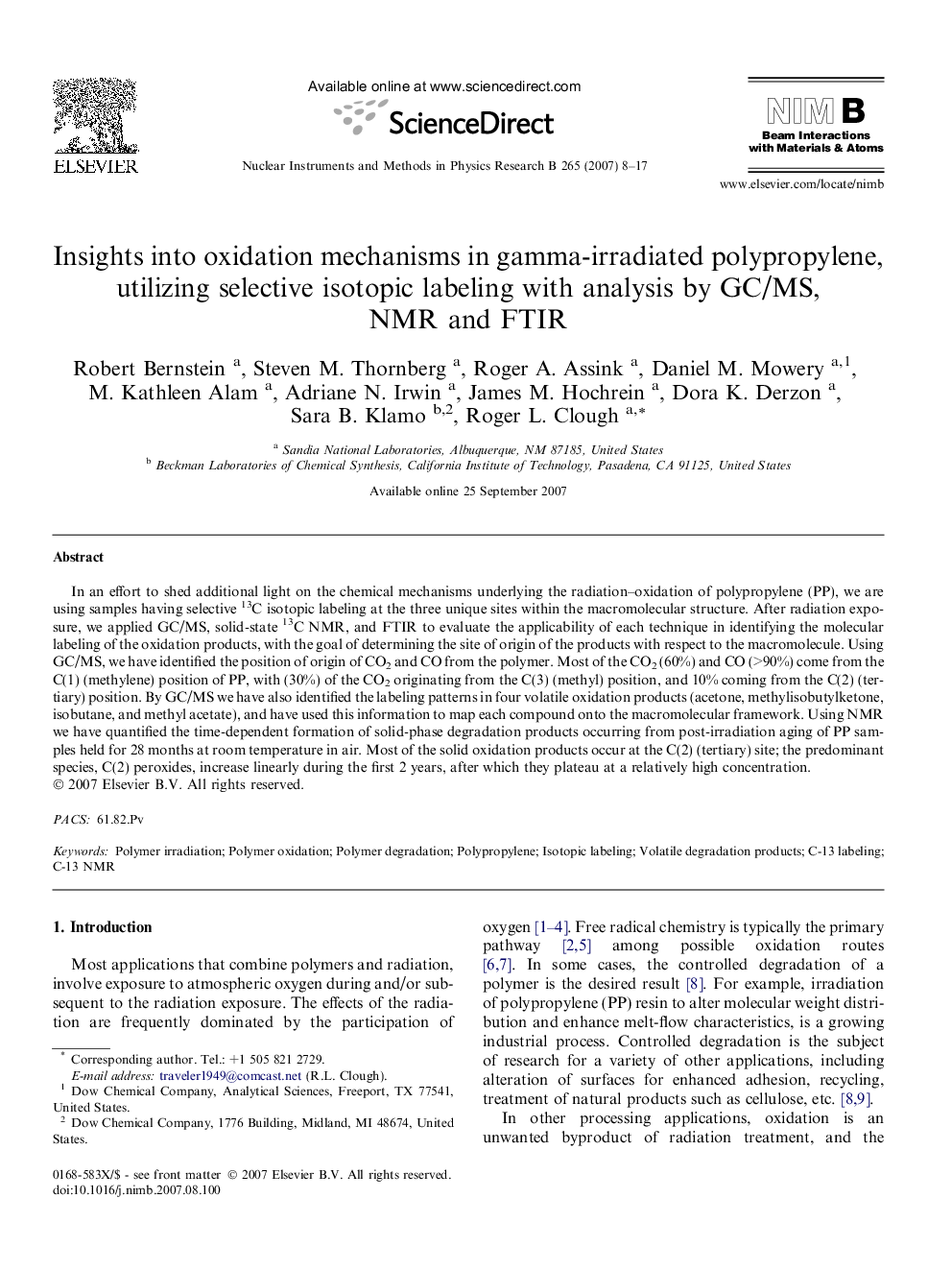 Insights into oxidation mechanisms in gamma-irradiated polypropylene, utilizing selective isotopic labeling with analysis by GC/MS, NMR and FTIR