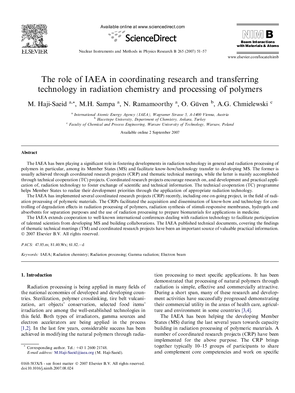 The role of IAEA in coordinating research and transferring technology in radiation chemistry and processing of polymers