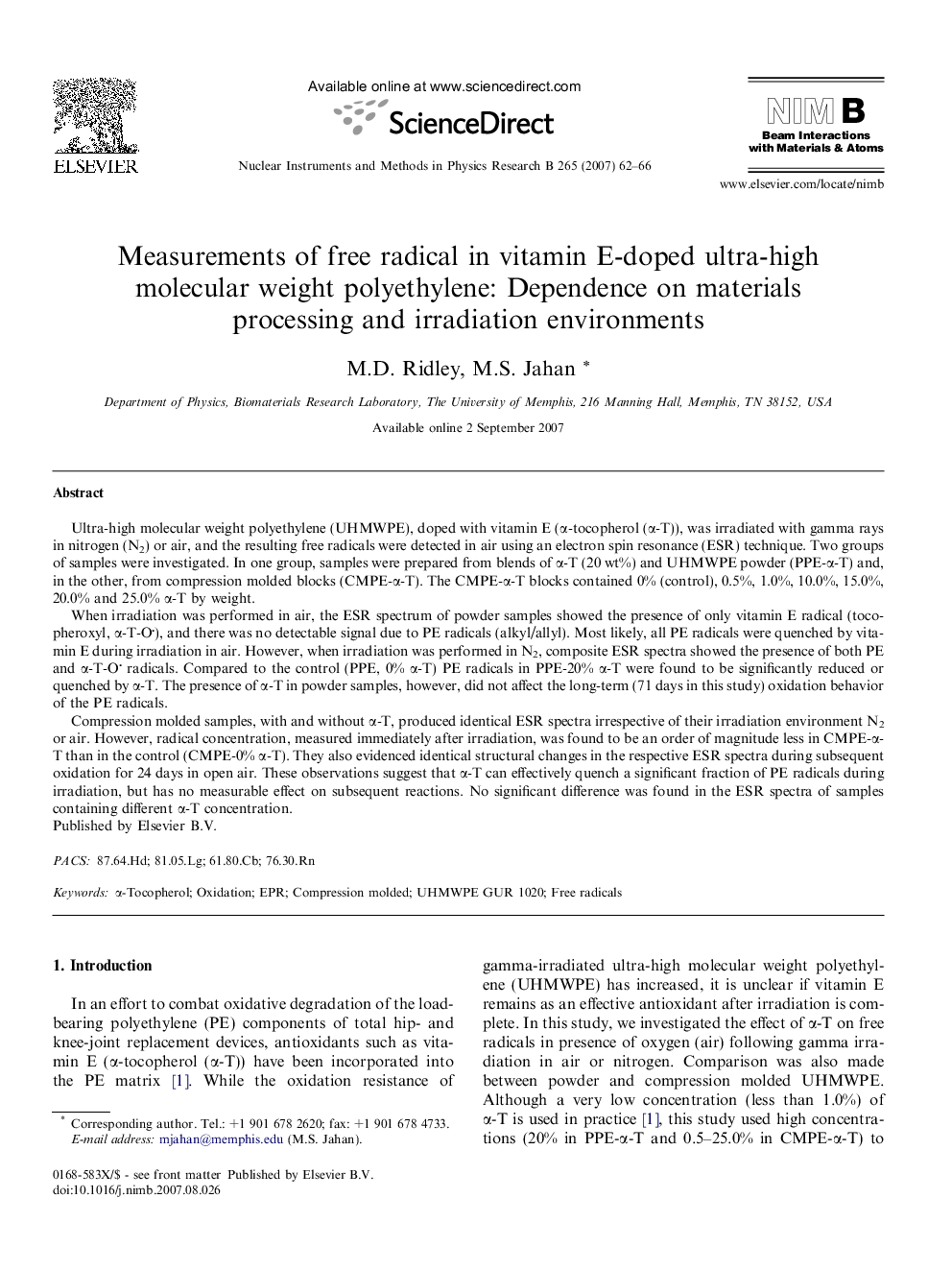 Measurements of free radical in vitamin E-doped ultra-high molecular weight polyethylene: Dependence on materials processing and irradiation environments