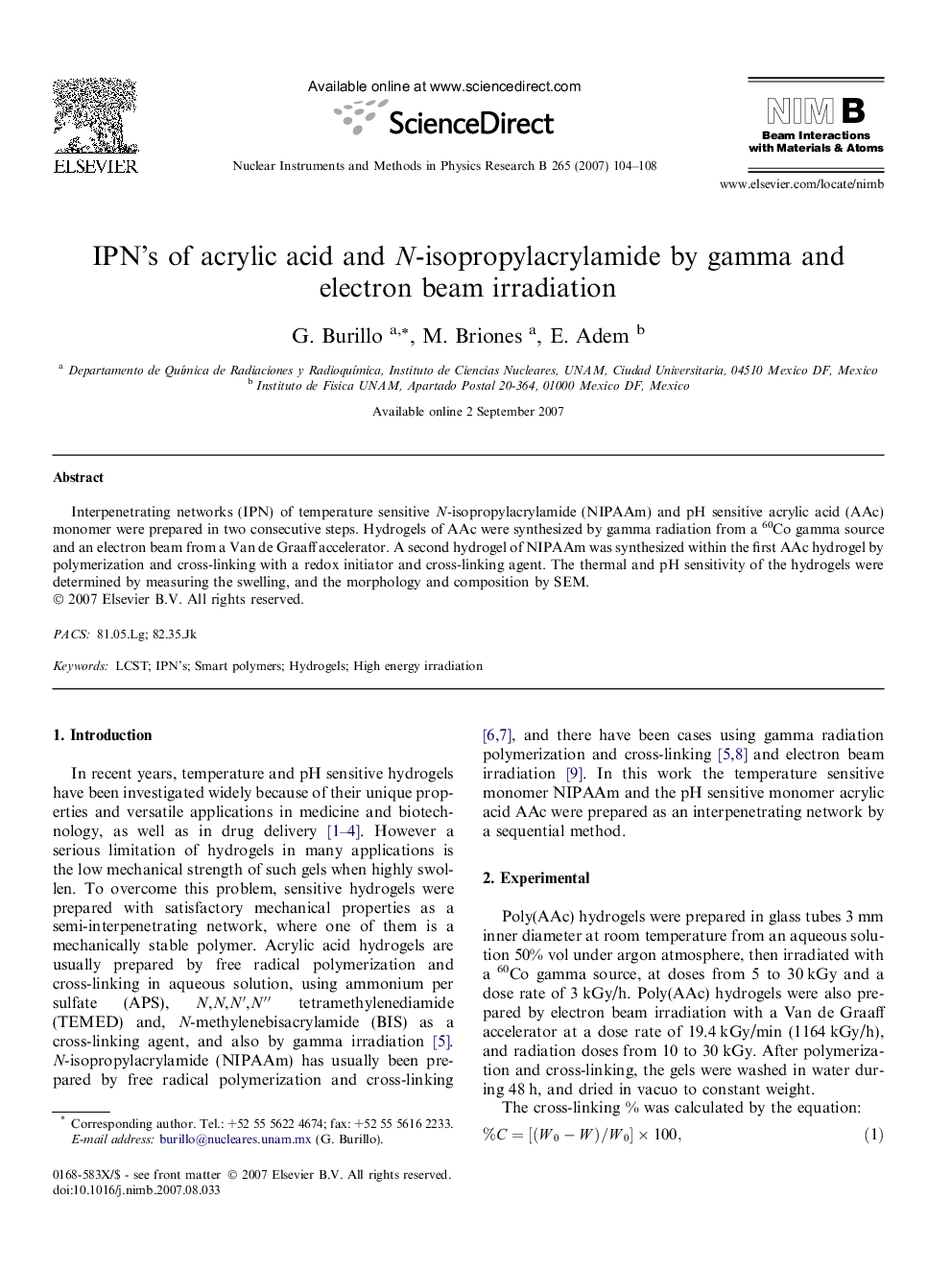 IPN’s of acrylic acid and N-isopropylacrylamide by gamma and electron beam irradiation