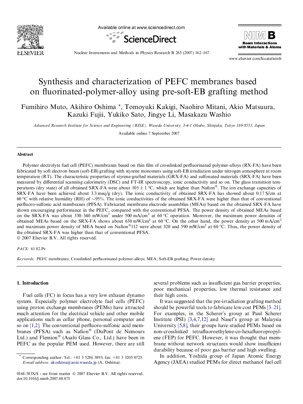 Synthesis and characterization of PEFC membranes based on fluorinated-polymer-alloy using pre-soft-EB grafting method