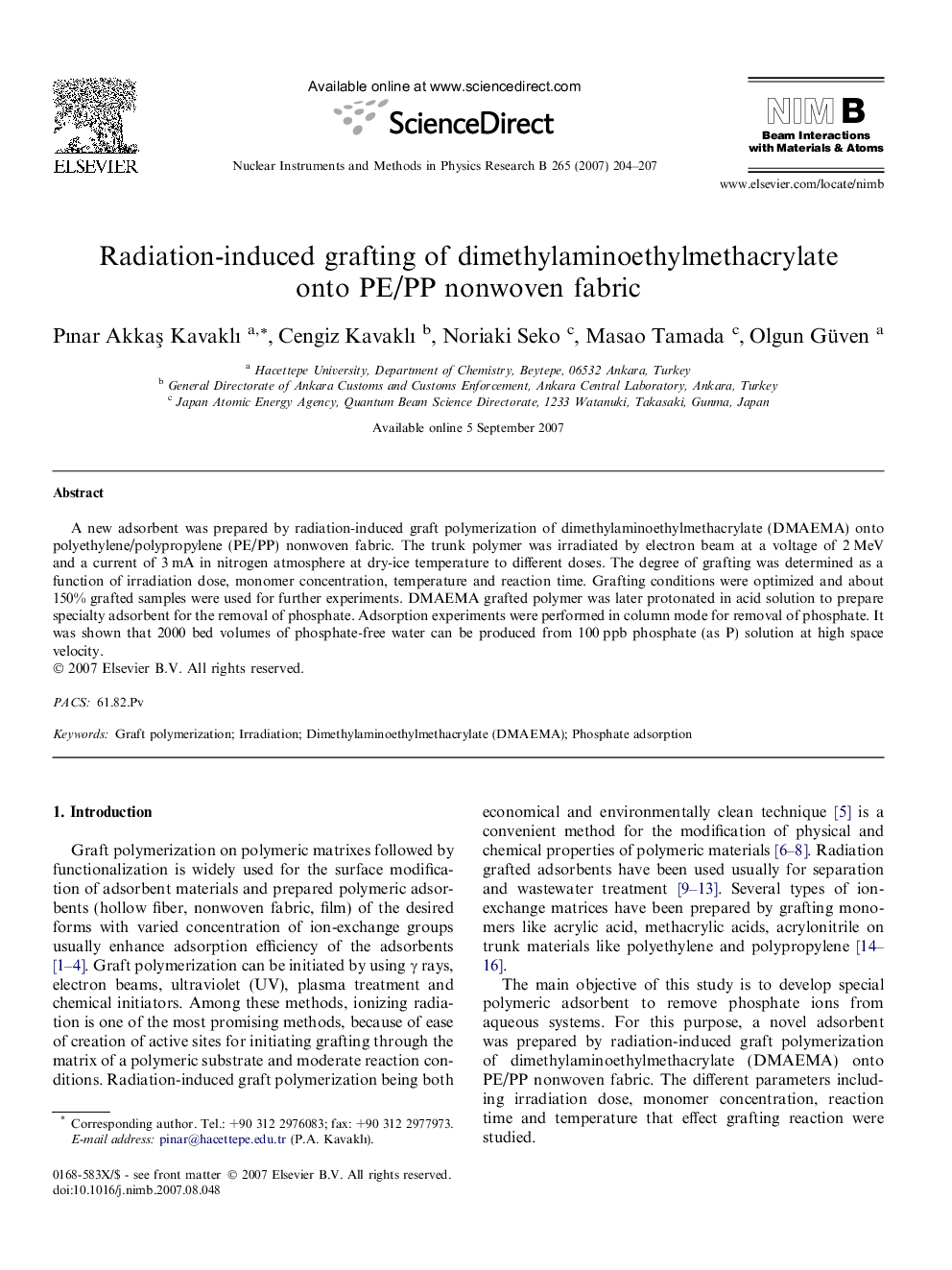 Radiation-induced grafting of dimethylaminoethylmethacrylate onto PE/PP nonwoven fabric