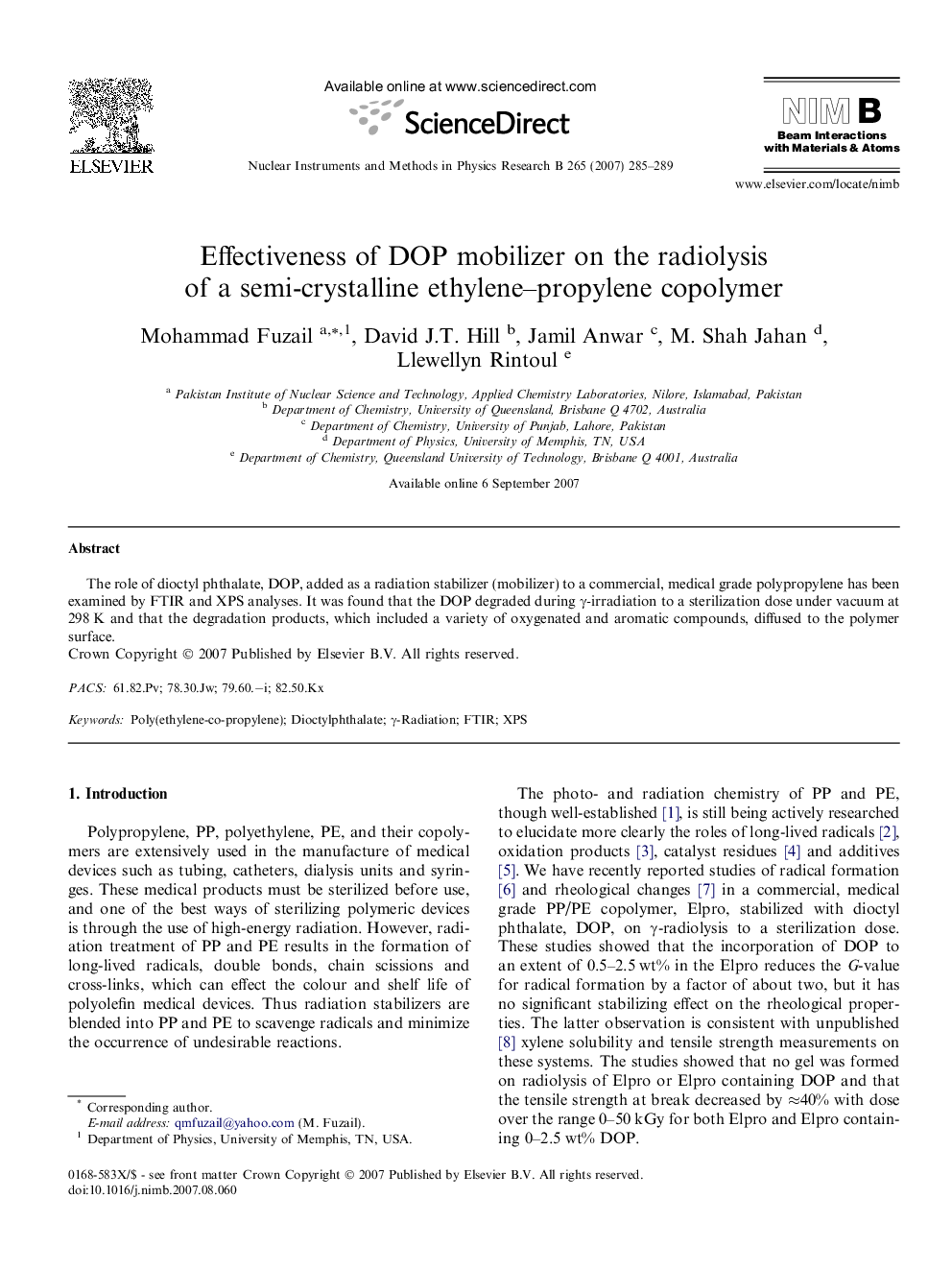 Effectiveness of DOP mobilizer on the radiolysis of a semi-crystalline ethylene–propylene copolymer