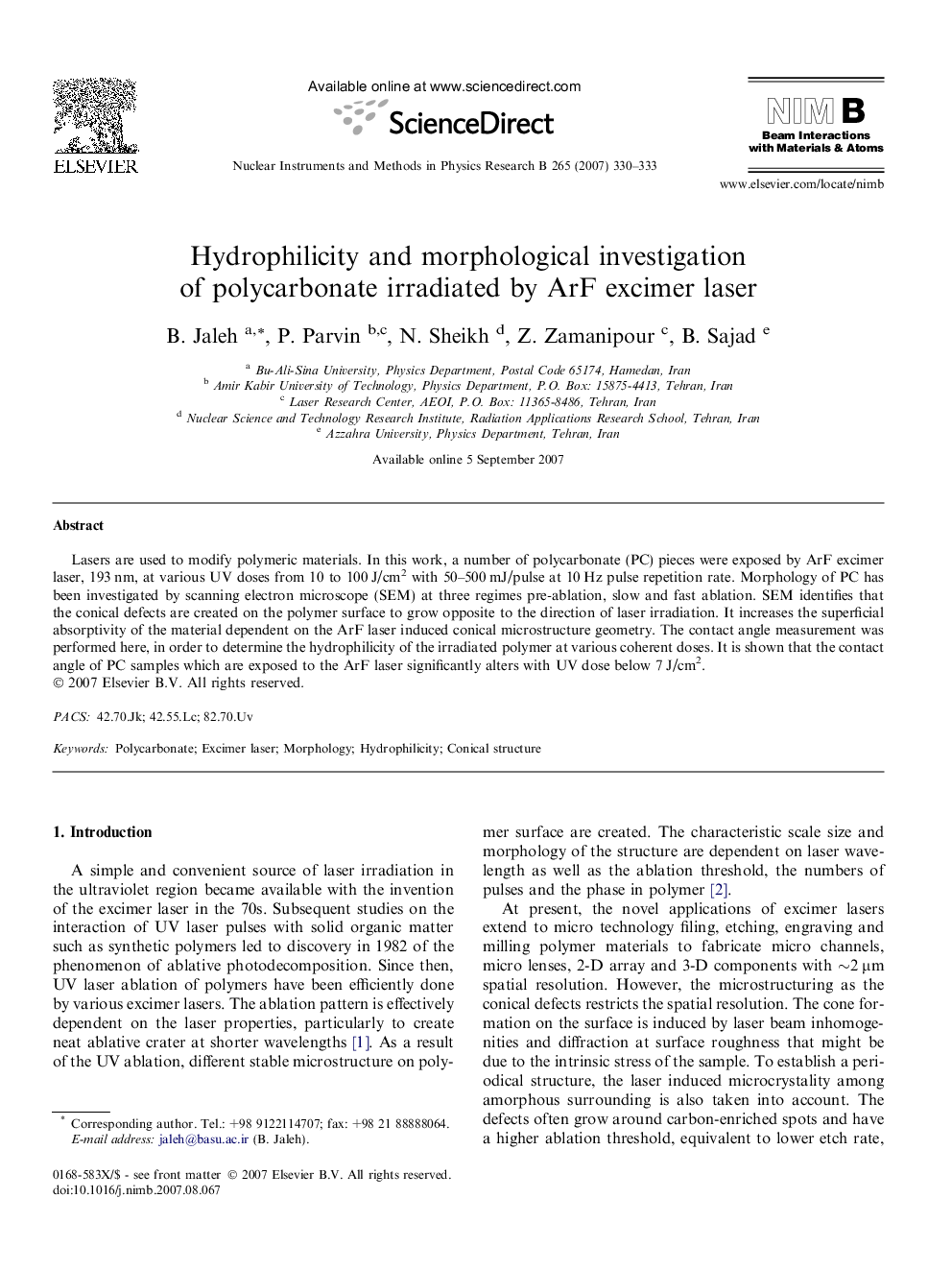 Hydrophilicity and morphological investigation of polycarbonate irradiated by ArF excimer laser