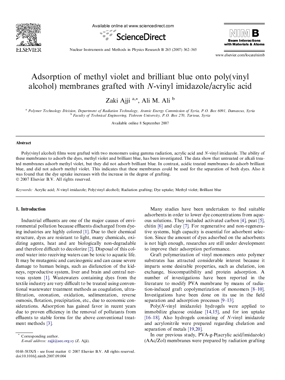 Adsorption of methyl violet and brilliant blue onto poly(vinyl alcohol) membranes grafted with N-vinyl imidazole/acrylic acid