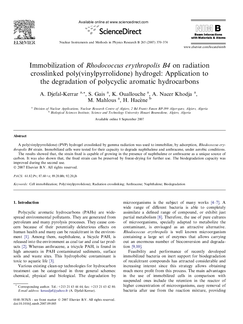 Immobilization of Rhodococcus erythropolis B4 on radiation crosslinked poly(vinylpyrrolidone) hydrogel: Application to the degradation of polycyclic aromatic hydrocarbons