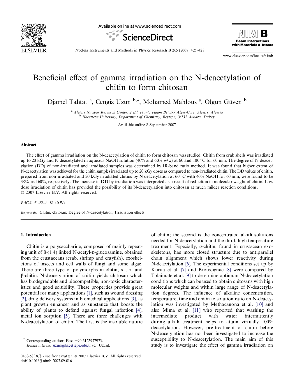 Beneficial effect of gamma irradiation on the N-deacetylation of chitin to form chitosan