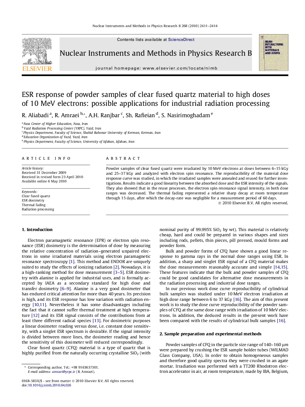 ESR response of powder samples of clear fused quartz material to high doses of 10 MeV electrons: possible applications for industrial radiation processing