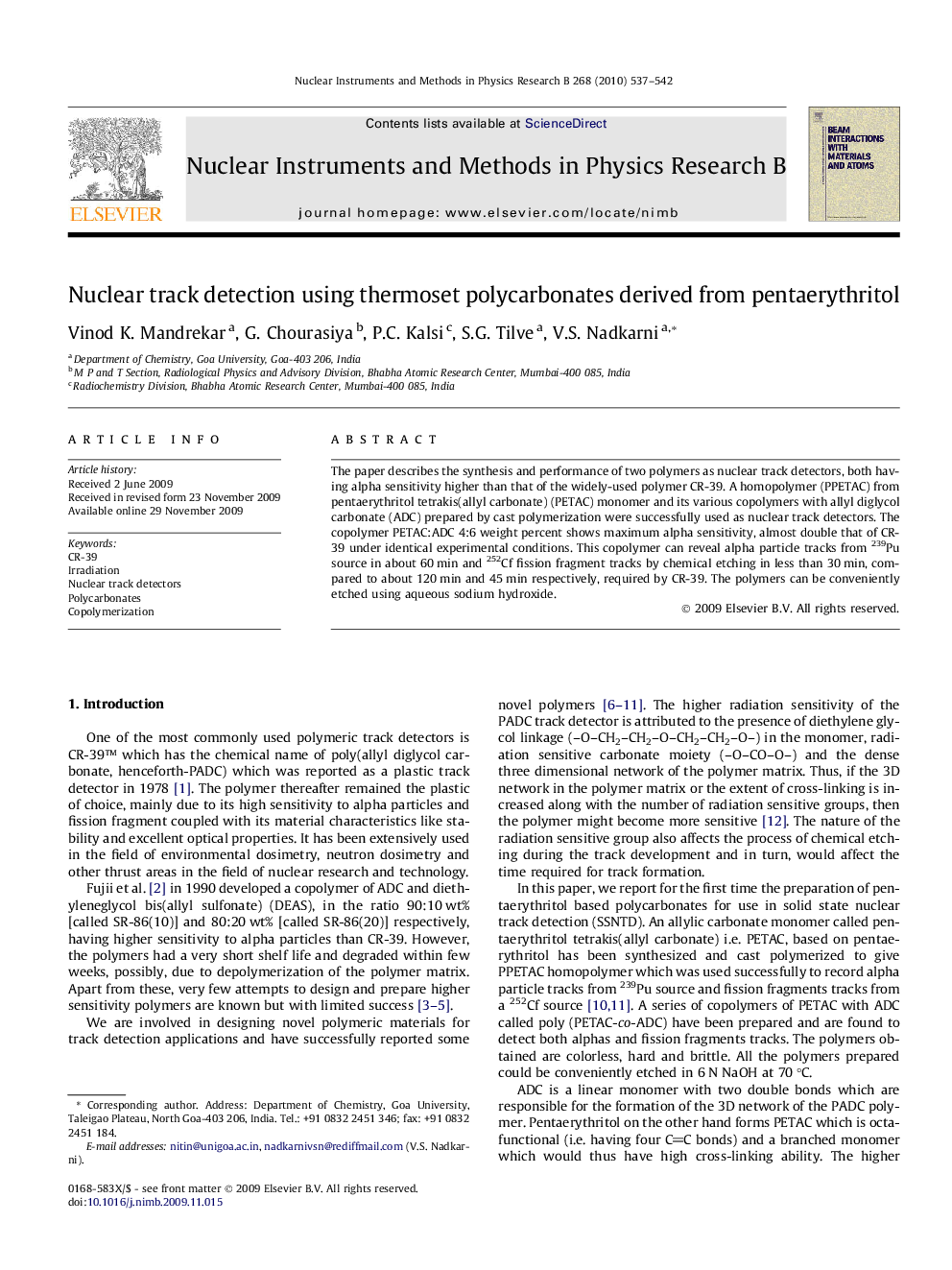 Nuclear track detection using thermoset polycarbonates derived from pentaerythritol