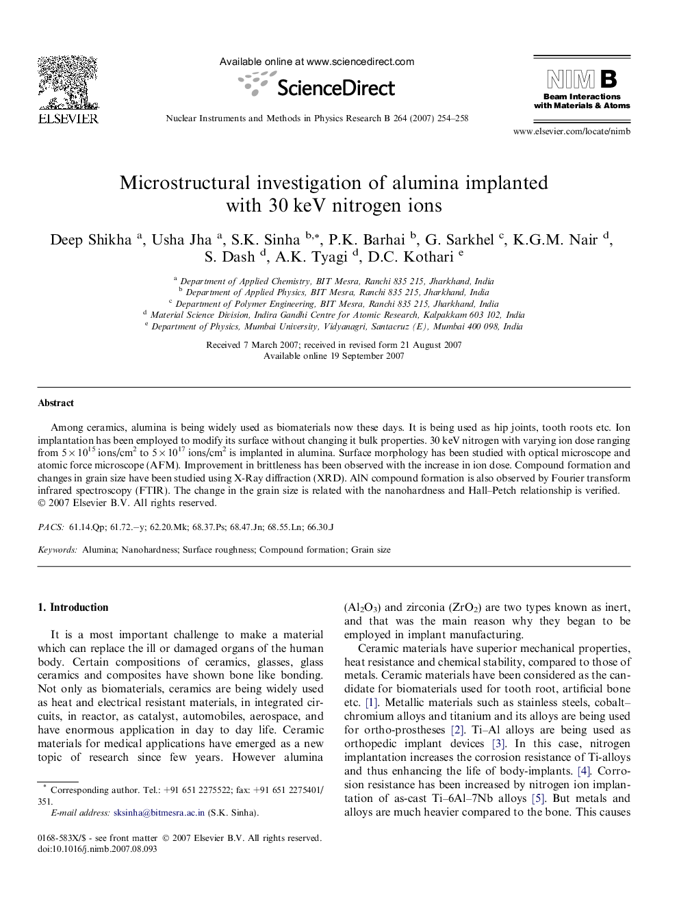 Microstructural investigation of alumina implanted with 30Â keV nitrogen ions