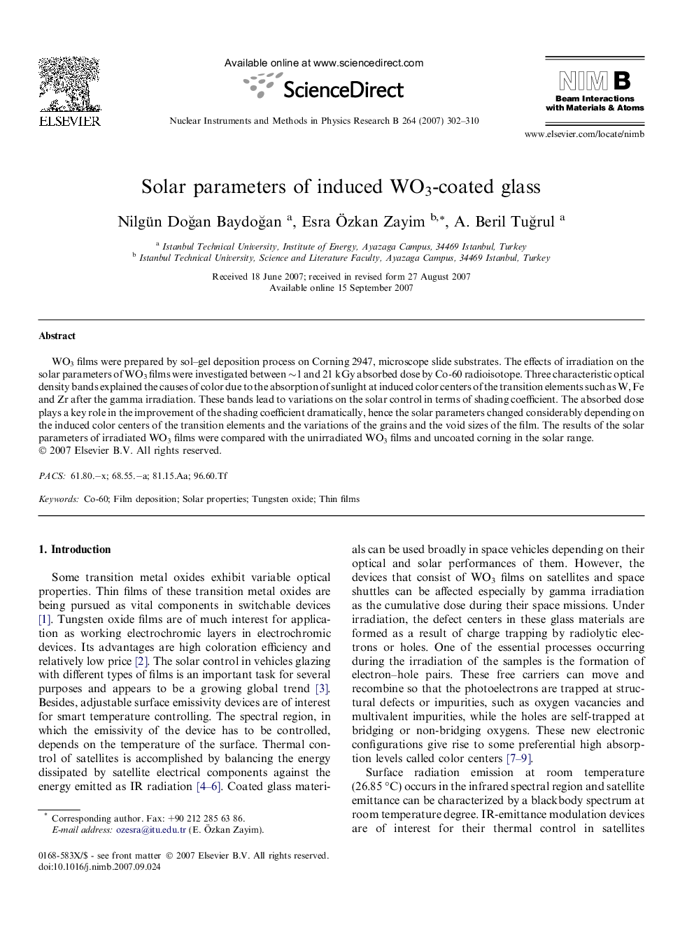 Solar parameters of induced WO3-coated glass