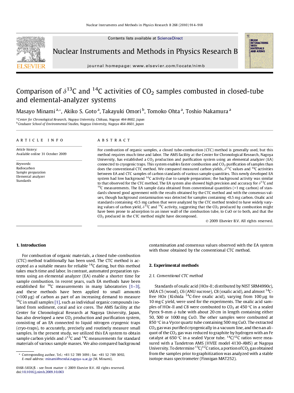 Comparison of δ13C and 14C activities of CO2 samples combusted in closed-tube and elemental-analyzer systems