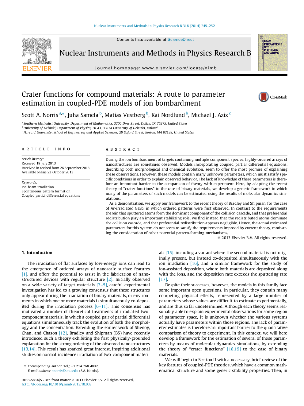 Crater functions for compound materials: A route to parameter estimation in coupled-PDE models of ion bombardment