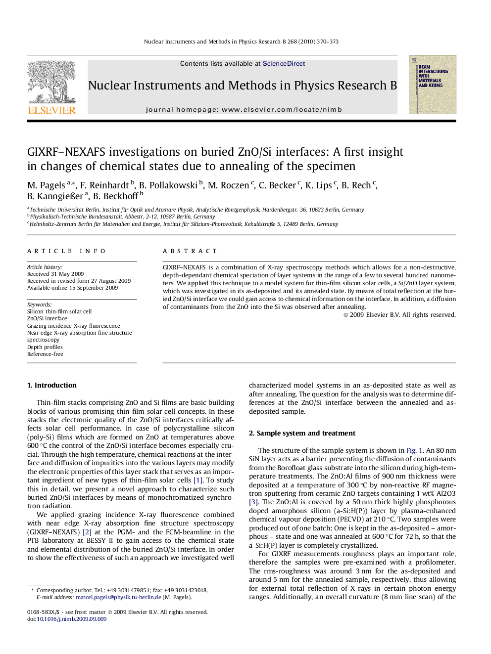 GIXRF–NEXAFS investigations on buried ZnO/Si interfaces: A first insight in changes of chemical states due to annealing of the specimen