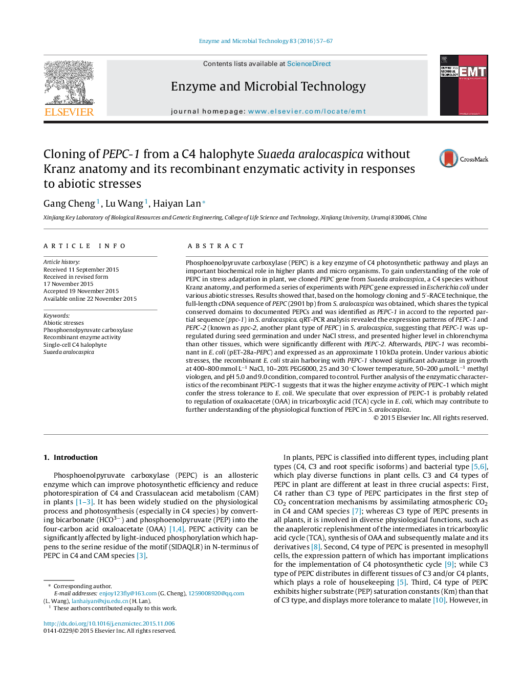 Cloning of PEPC-1 from a C4 halophyte Suaeda aralocaspica without Kranz anatomy and its recombinant enzymatic activity in responses to abiotic stresses